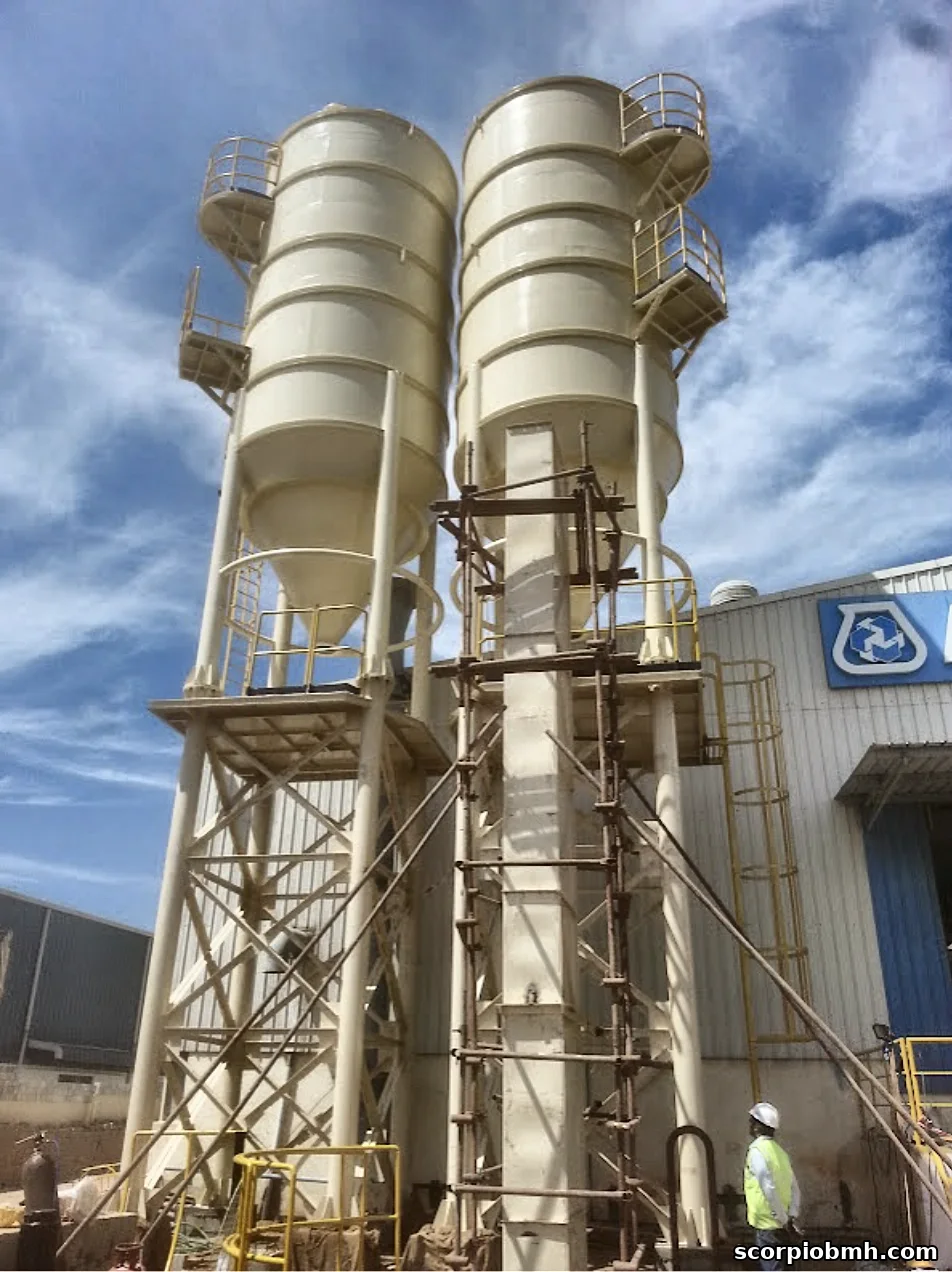 Scorpio cement and sand silos with bucket elevator at a global construction chemicals plant