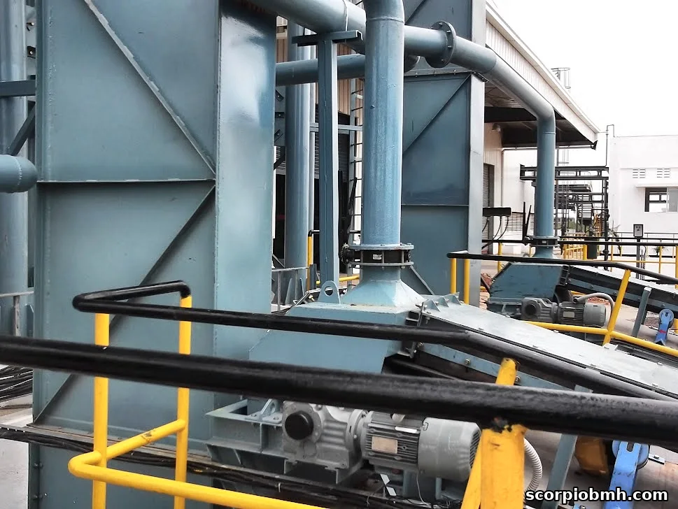Conveyor, dust extraction ducting and filters at a global chemical plant, by Scorpio