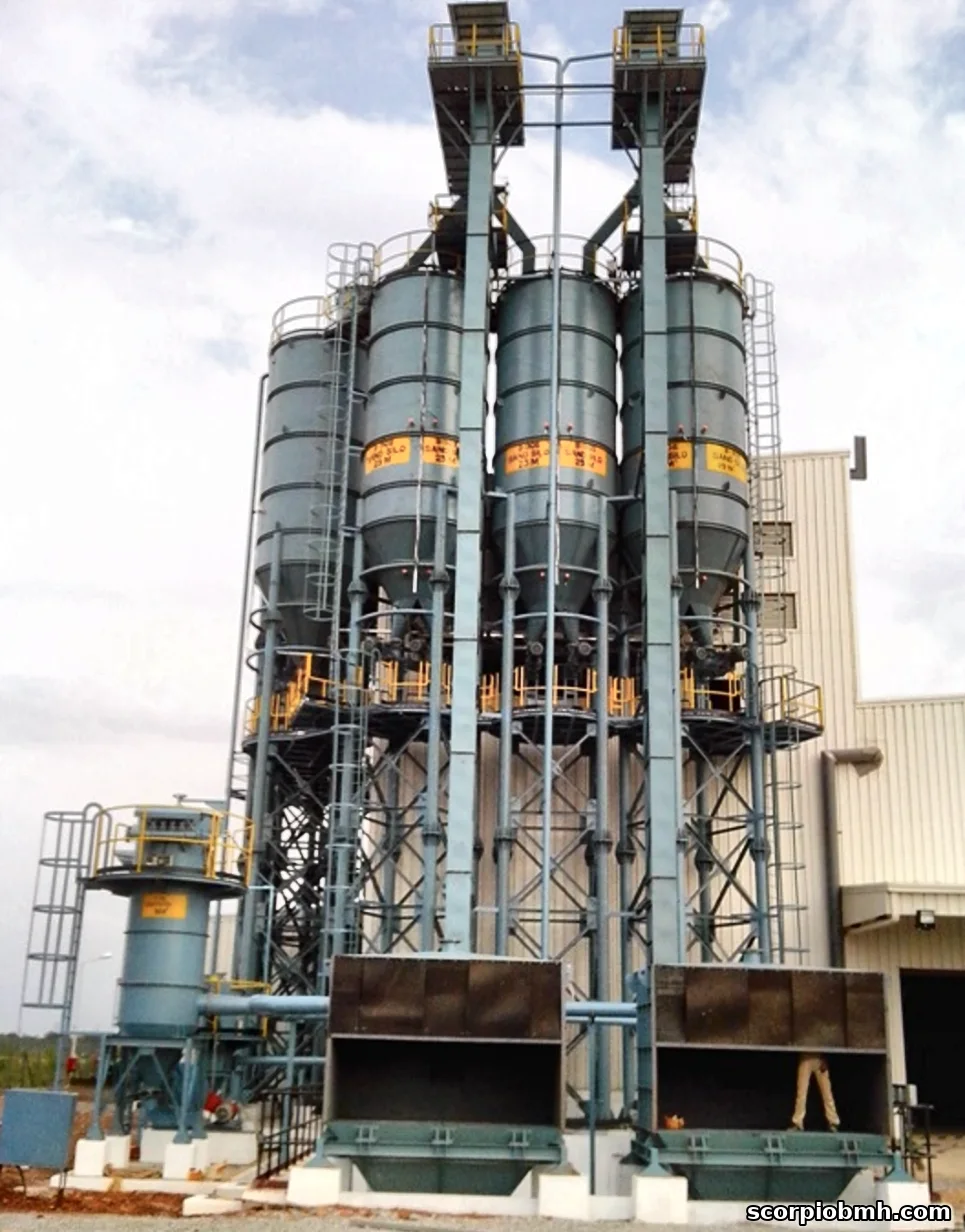 Scorpio dry mortar plant for a global chemical group: silo battery, bucket elevators and truck intake hoppers