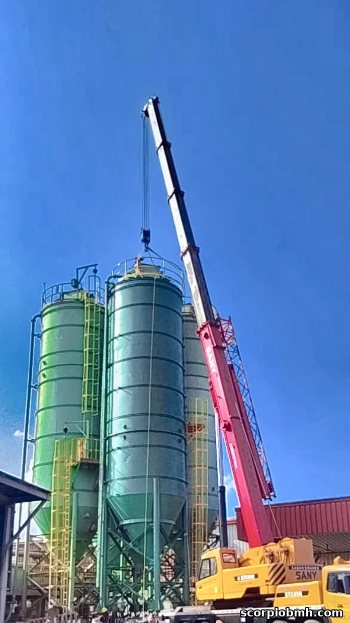 Scorpio flour storage silos being erected at a biscuit plant