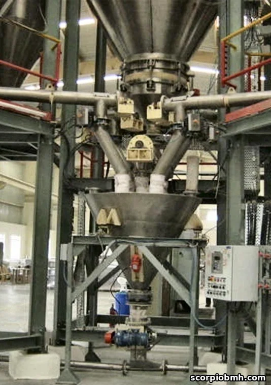 Glass batch weigh hopper fed by screw feeders, by Scorpio