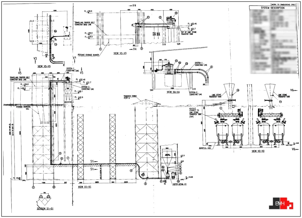 Layout of a Scorpio dense phase pneumatic conveying system for powdered limestone: dense phase vessels below transfer tanks, a 300 m pipeline over a trestle and six discharge points at the storage bunkers