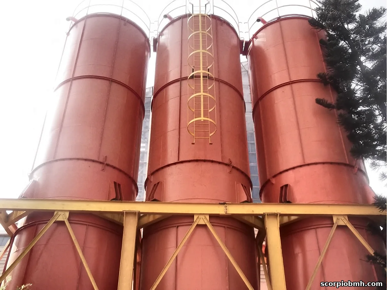 Three Scorpio polymer pellet storage silos on a steel support structure