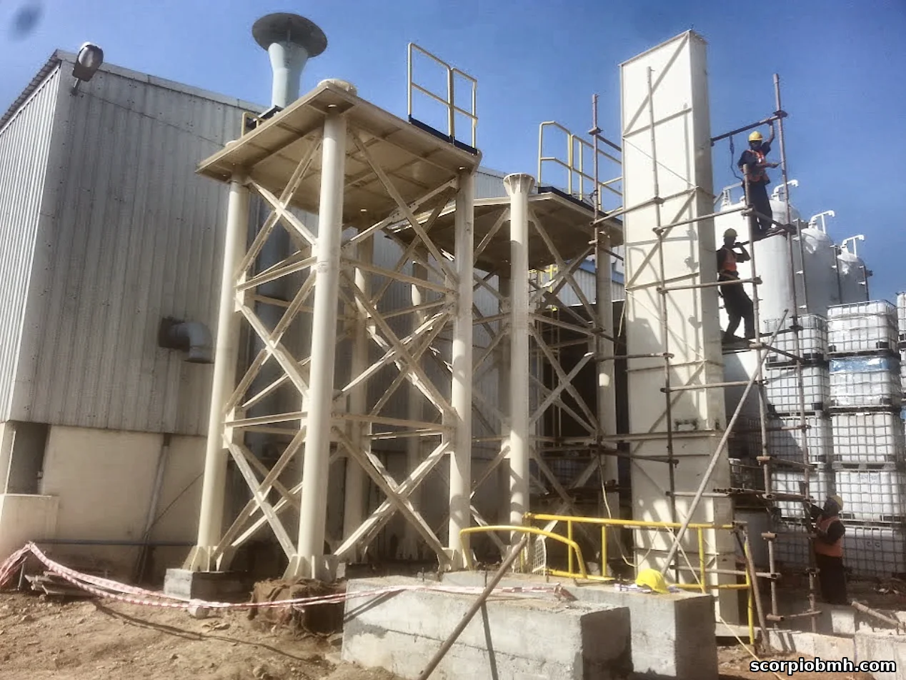 Silo support structures and bucket elevator casing being erected by Scorpio