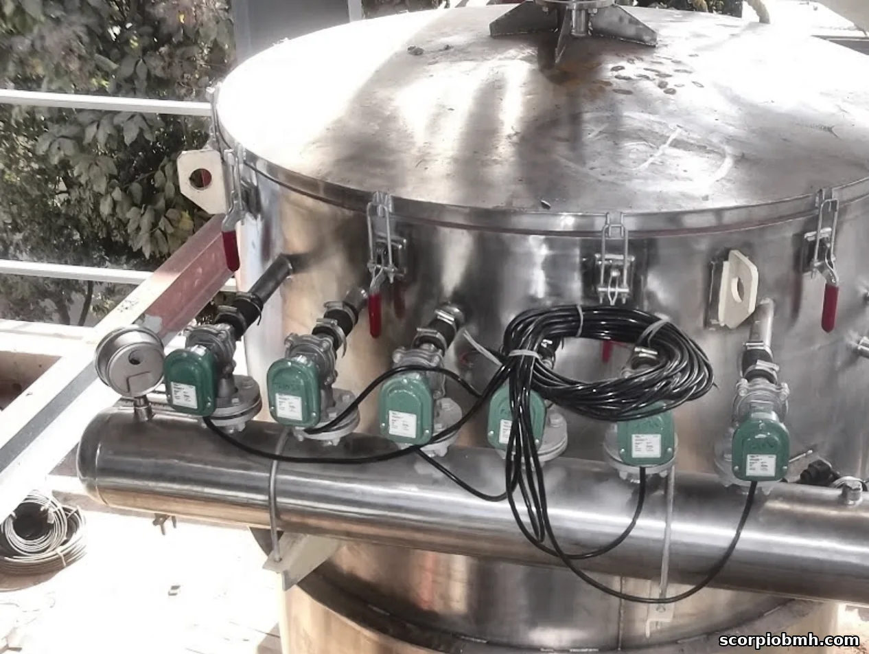 Stainless steel filter receiver with pulse jet valves for food powders, by Scorpio