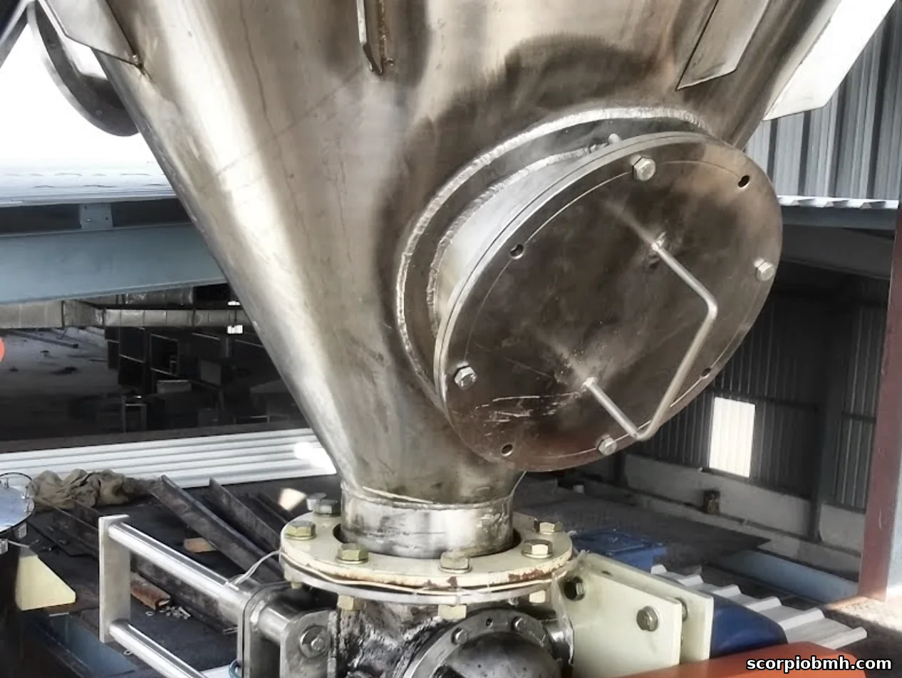 Stainless steel hopper and rotary valve for a food plant, by Scorpio
